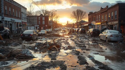 Storm aftermath in a historic city district, cleanup operations active.