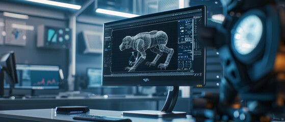 Wall Mural - A close up of a computer monitor or display with three-dimensional CAD software is shown with a high mobility robot dog project. The focus shifts to an engineering facility with engineers working on