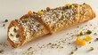 Cannolo siciliano ripieno di crema di ricotta dolce, decorato con scorze d'arancia candite e pistacchi tritati