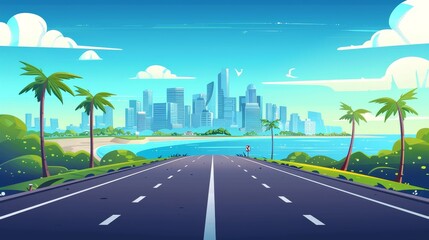 Wall Mural - An empty highway overpass with skyscraper buildings and modern houses covering a sea landscape, with two-lane asphalted streets. Modern illustration of the urban skyline on a sunny day.
