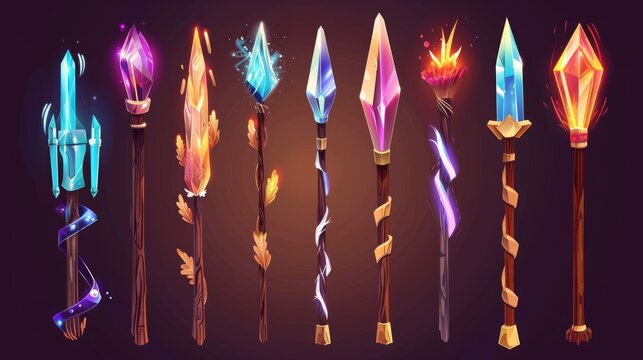 Wizard scepters for casting spells, fantasy magic staves and wands. Modern set with wooden and metal sticks covered with crystals and glowing in the dark.