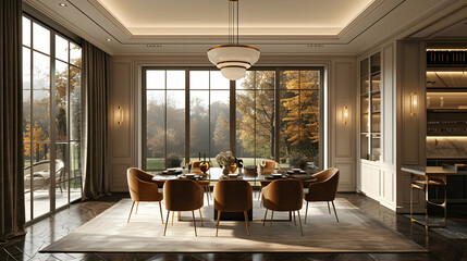 Wall Mural - Spacious dining room featuring a glass table, velvet chairs, and modern chandelier