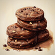 Crunchy deep brown chocolate cookies with extra chocolate chips, sugar and nuts on neutral background