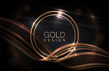Wall Mural - Composition with a shiny round golden frame on a black background.