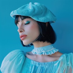 Wall Mural - Captivating image of Sleeping Young Woman Wearing Beret Hat and Trendy Dress in Turquoise Color.