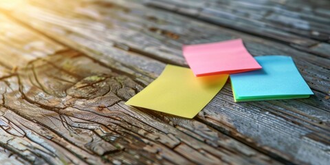 Sticker - Close-up of a wooden table covered in colorful post-it notes. Great for office organization concepts