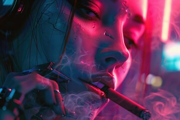 Wall Mural - A woman smoking a cigarette in a neon lit room. Perfect for lifestyle and nightlife concepts