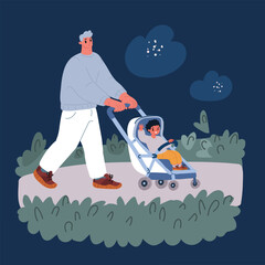 Wall Mural - Cartoon vector illustration of Father pushing walking stroller Father walking with baby stroller on footpath at park over dark background