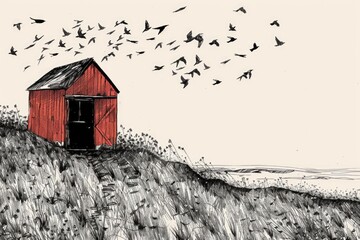 Wall Mural - A drawing of a red building with a flock of birds flying around it. Suitable for architectural and nature concepts