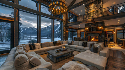 Poster - Spacious living room with grand chandelier, modular sectional, and panoramic views