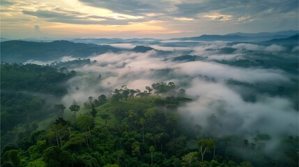 Wall Mural - fog mountains and clouds at sunrise in front view with trees in the foreground mountains far away, a