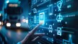 © Mahmud - In the realm of business and technology, imagine a scenario where a businessman interacts with a transport icon displayed on a virtual screen symbolizing logistics and import.