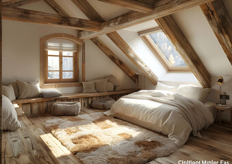 Poster - Stylish attic bedroom with wooden beams, skylight, and minimalist decor