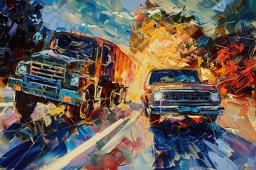 Poster - Image of two trucks parked on a busy city street. Suitable for transportation and urban themes