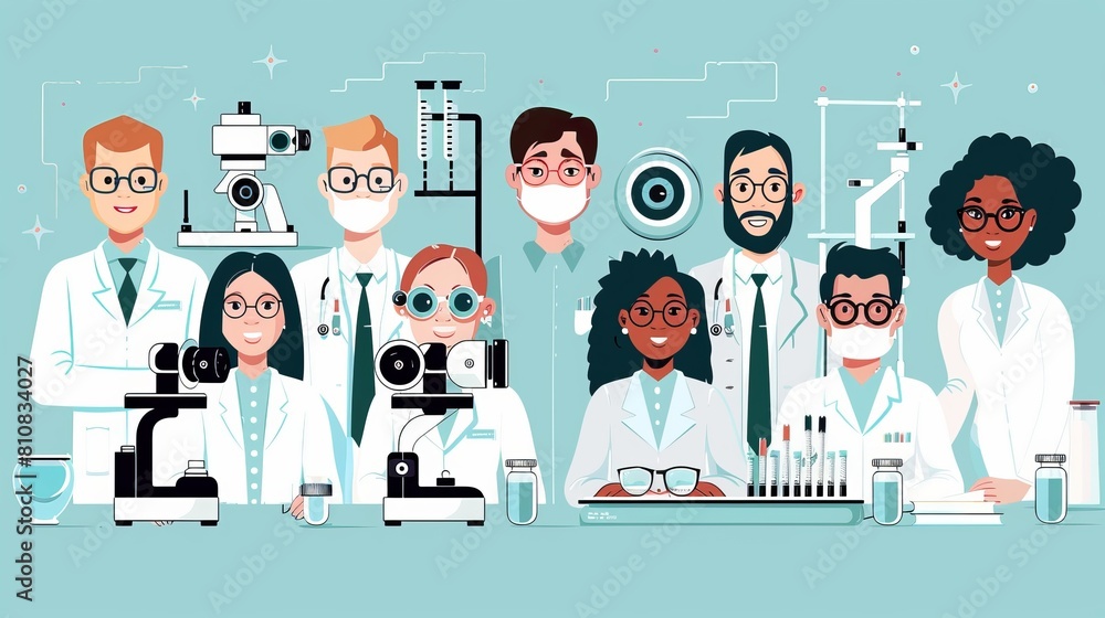 In this modern flat illustration, eye doctors and nurses work at an ...
