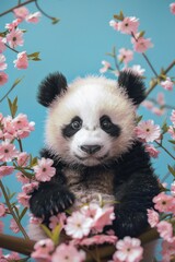 Poster - Cute panda bear sitting in a tree with pink flowers, perfect for nature-themed designs