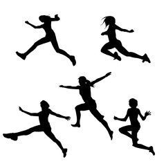 Wall Mural - Silhouette collection of happy woman jumping pose. Silhouette collection of a sporty female model jumps.