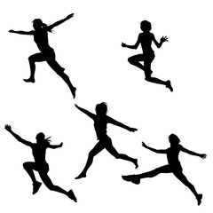 Wall Mural - Silhouette collection of happy woman jumping pose. Silhouette collection of a sporty female model jumps.