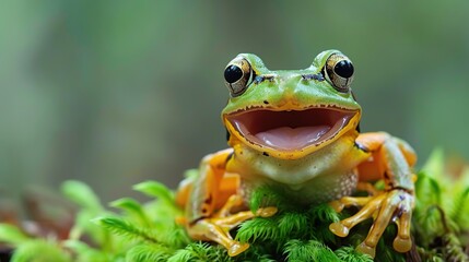 Poster - Gliding frog look like laughing on moss . Generative Ai