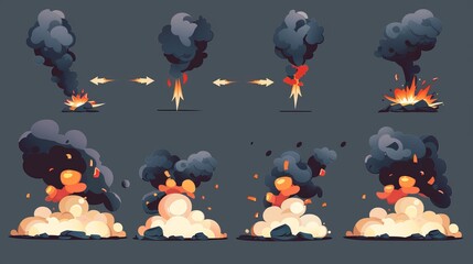 Wall Mural - Modern sprite sheet of blast with fire and black smoke clouds. Cartoon illustration of explosion with flame and flash isolated on white background.