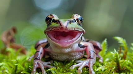 Poster - Gliding frog look like laughing on moss . Generative Ai