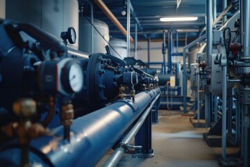 Poster - Industrial pipes and valves in a large building, suitable for industrial and engineering concepts