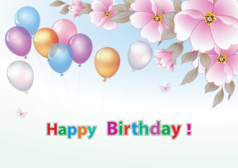 Wall Mural - Birthday card. Festive background with floral pattern and balloons . Vector illustration