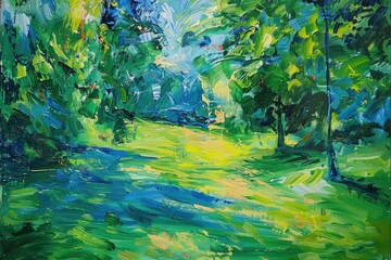 Sticker - A peaceful painting of a green field with trees. Suitable for nature backgrounds