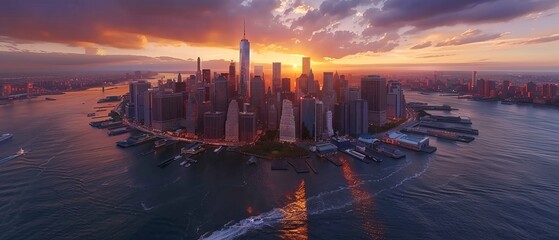 Canvas Print - Panoramic Aerial New York City Latern View of Lower Manhattan Architecture. Cityscape with Modern Business Offices and Historic Skyscrapers at Sunset.