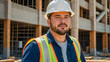 © The A.I Studio - Portrait of a construction worker wearing hard hat and vest with a construction site in the background