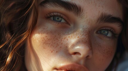 Poster - Close up of a woman with freckles. Perfect for beauty or skincare concepts