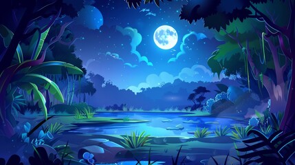 Wall Mural - Landscape of a tropical rainforest at night with pond, grass, trees, lianas, and trees in a glade in a rained forest in moonlight. Modern illustration.