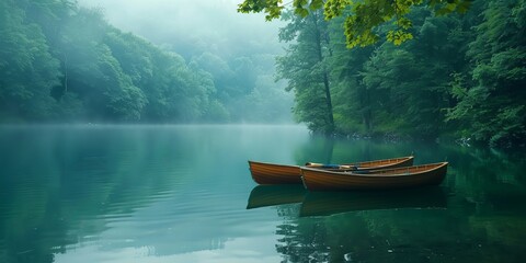 Wall Mural - Boats floating on calm sea near green forest