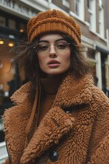 stylish woman in glasses and fur coat