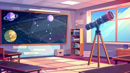 Wall Mural - In this cartoon, there is an empty classroom with a blackboard and telescope, a placard with planets of the solar system, furniture, a globe, and a shelf for books.