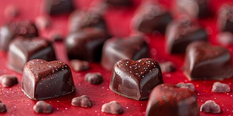 Wall Mural - Heart Shaped Chocolates on a Red Surface.