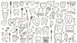© Mark - This set of doodle icons depicts dental care and medicine using teeth, veneers, paste and toothbrush, stomatological tools, caries treatment, and oral health.