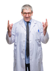 Sticker - Handsome senior doctor, scientist professional man wearing white coat over isolated background shouting with crazy expression doing rock symbol with hands up. Music star. Heavy concept.