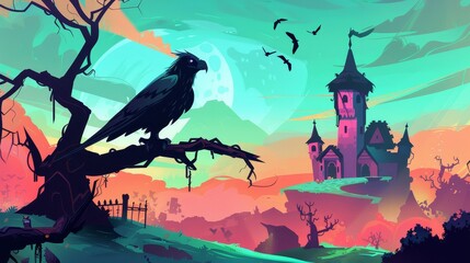 Canvas Print - Cartoon modern illustration of a black eagle, falcon or hawk perched on a branch overlooking a landscape with a pink castle on a green hill, a fairy tale palace with turrets.