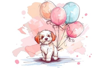 Sticker - A cute dog holding a bunch of colorful balloons. Suitable for various occasions and celebrations