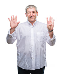 Sticker - Handsome senior man over isolated background showing and pointing up with fingers number nine while smiling confident and happy.