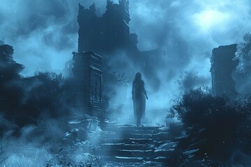 Wall Mural - Ethereal Elegance: Enigmatic Figure Amid Misty Castle Ruins - Intricate Digital Art