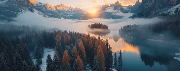 Wall Mural - Aerial view of Misurina Lake coastline with forest along the coast at sunset, Auronzo di Cadore, Dolomites, Veneto, Italy.