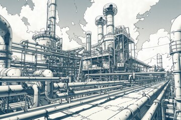 Wall Mural - Detailed drawing of a factory with various pipes and structures. Suitable for industrial and manufacturing concepts