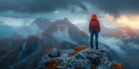 Wall Mural - Anonymous tourist standing on rocky mountains under stormy sky
