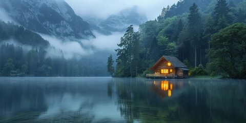 Sticker - Illuminated Wooden house in the forest on a calm reflecting lake with the foggy mountains in the background at dusk