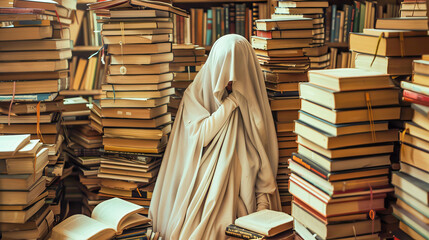 Wall Mural - A person is hiding behind a pile of books