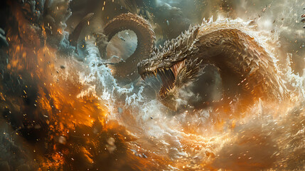 A large, fiery dragon is swimming through a sea of fire