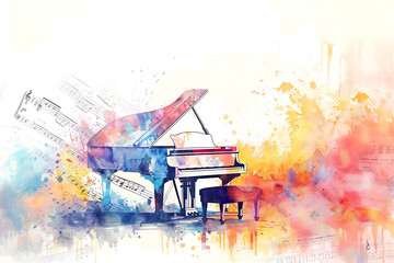 watercolor piano and notes sheet, style of grunge, musical instrument concept, music concert lover background, card frame with copy space