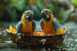 Two parrots sitting in boat on water